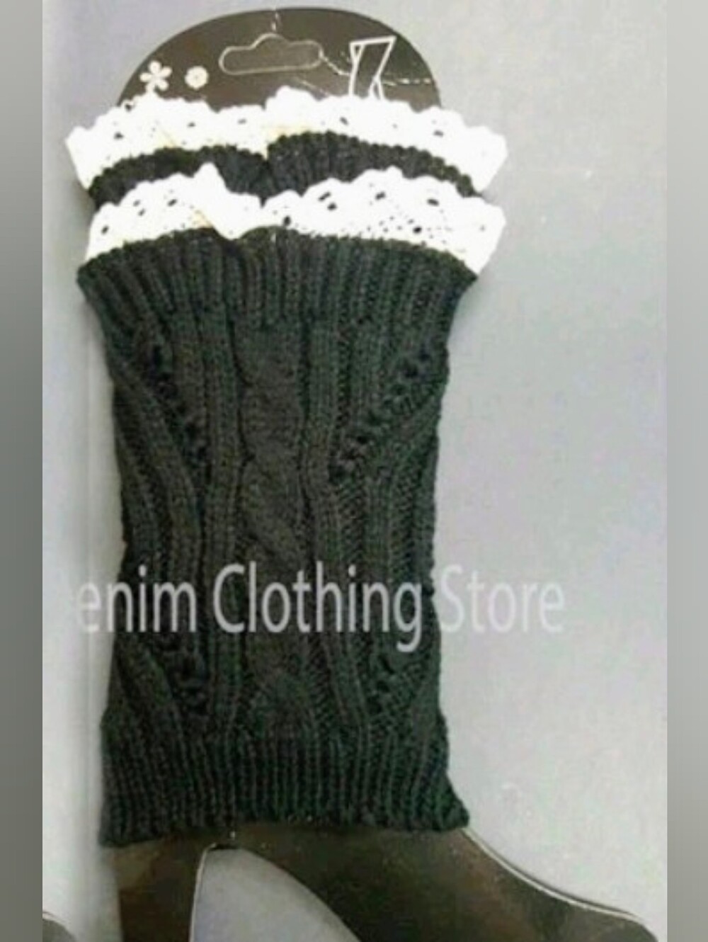 💢5 For$20 Black Knit Boot Socks Arm/Leg Warmers W/Cream Lace Trim Longer Sz OS - Picture 8 of 9